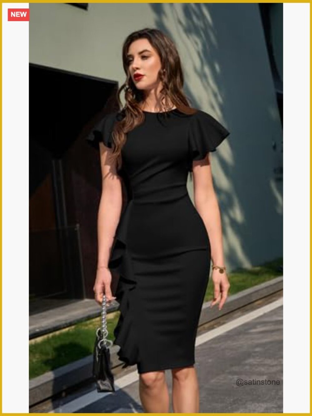 Vintage Church Ruffle Sleeve Ruched Bodycon Midi Pencil Dress - Picture 6 of 7